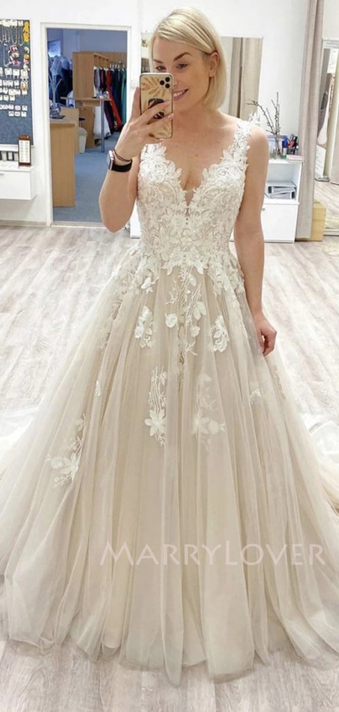 A-line Champagne Lace Long Evening Prom Dresses, Cheap Wedding dresses, MR7054