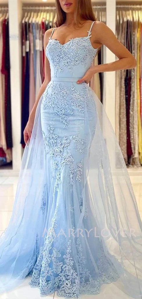Sexy Mermaid Spaghetti Straps Lace Long Evening Prom Dresses, MR7055