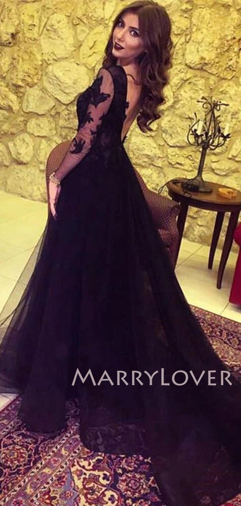 Sexy See Through Black Lace Long Sleeve A-Line Long Evening Prom Dresses, MR7103