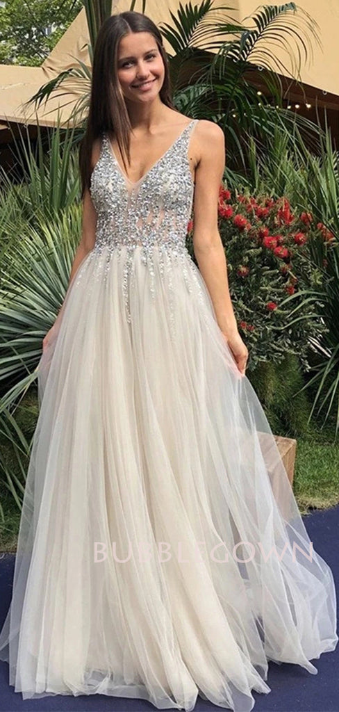 Sweetheart Beaded Deep V Neck Long Backless Evening Prom Dresses, Cheap Custom Prom Dresses, MR7127