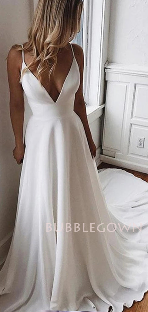 Sexy Deep V Neck White Chiffon Cheap Long Evening Prom Dresses, Beach Wedding dresses, MR7148