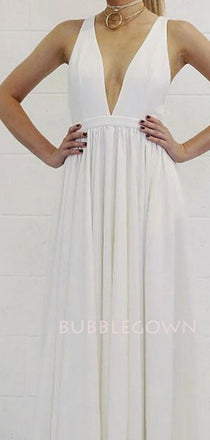 Simple Deep V Neck Backless White Chiffon Cheap Long Evening Prom Dresses, MR7185