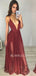 Simple Deep V Neck Backless Burgundy Chiffon Cheap Long Evening Prom Dresses, MR7205