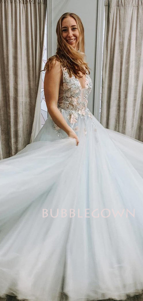 V neck Tulle wathet blue  Lace A-line Long Evening Prom Dresses, Cheap Prom Dress, MR7217