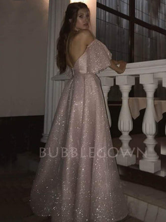 Off Shoulder A-Line Pink Backless Sparkly Side Slit Long Evening Prom Dresses, MR7324