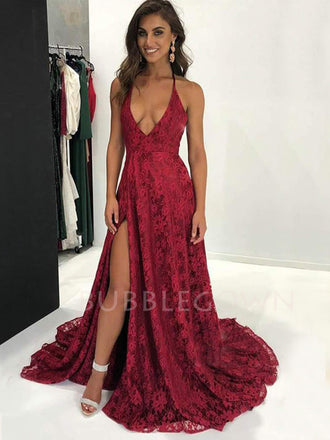 Burgundy Lace Spaghetti Straps V Neck Backless Long Evening Prom Dresses, Cheap Custom Prom Dresses, MR7440