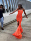 Orange Spaghetti Straps Mermaid Beaded Long Evening Prom Dresses, MR7450