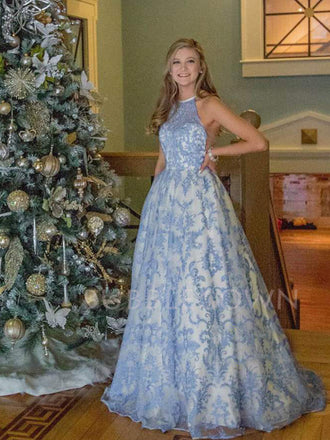 A-line Halter Blue Lace Beaded Long Evening Prom Dresses, Cheap Custom Prom Dress, MR7500