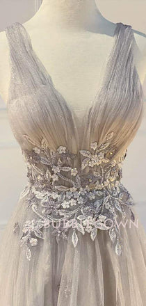 A-line Grey Tulle Appliques V Neck Long Evening Prom Dresses, Cheap Custom Prom Dresses, MR7553