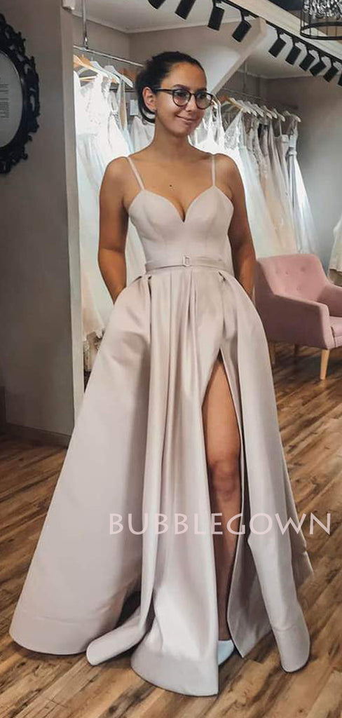 A-line V Neck Spaghetti Straps Satin Long Side Slit Evening Prom Dresses, Cheap Custom prom dresses, MR7568