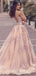 Deep V-neck Mermaid Pink Tulle Appliques Lace Long Evening Prom Dresses, MR7703