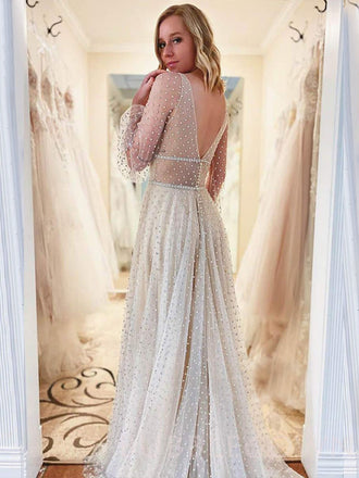 Champagne Tulle Long Sleeves A-line Beaded Long Evening Prom Dresses, MR7925