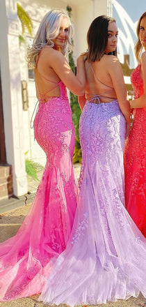 Mermaid Coral Tulle Appliques Long Evening Prom Dresses, MR7953