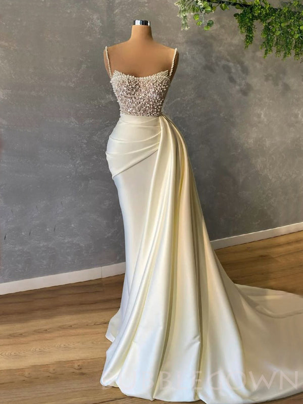 Mermaid White Satin Spaghetti Straps Beaded Long Evening Prom Dresses, Wedding Dresses, MR7991