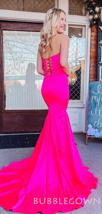 Hot Pink Satin Mermaid Long Strapless Evening Prom Dresses, Cheap Custom Prom Dress, MR8000