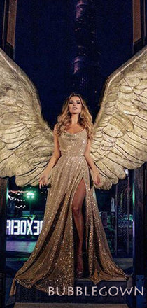 A-line Gold Sequin Spaghetti Straps Long High Slit Evening Prom Dresses, Cheap Custom Prom Dresses, MR8082