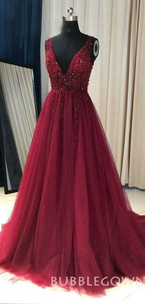 A-line Burgundy Tulle Beaded Long Evening Prom Dresses, MR8087