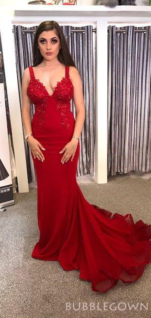 Red Satin Spaghetti Straps Appliques Long Mermaid Evening Prom Dresses, MR8114