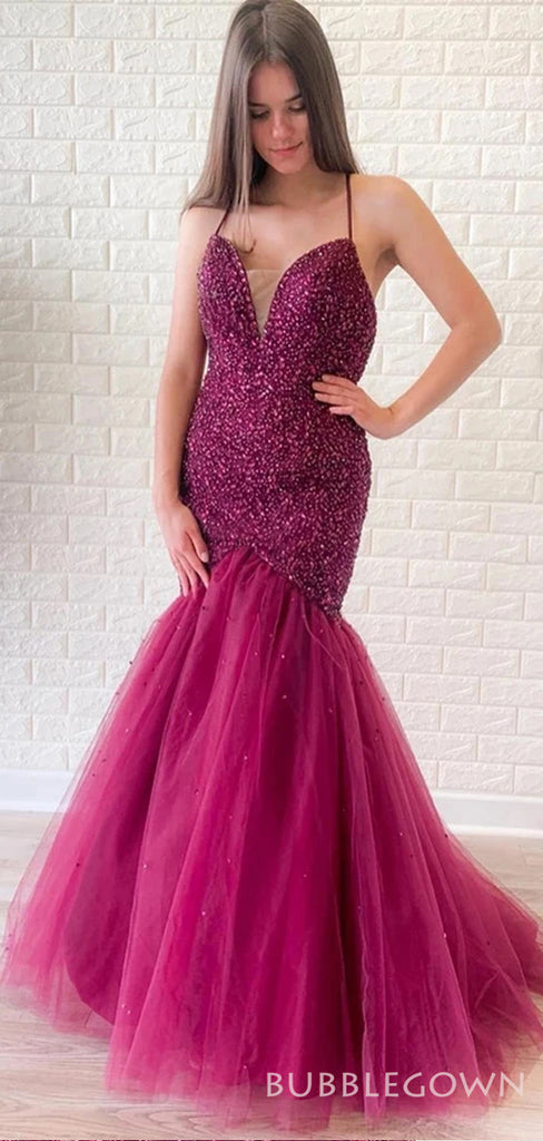 Mermaid Tulle Beaded Spaghetti Straps Long Evening Prom Dresses, MR8168