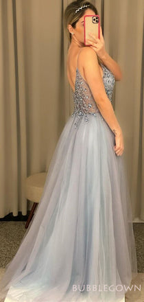 A-line Dusty Blue Tulle Beaded Long Evening Prom Dresses, Spaghetti Straps Custom Prom Dresses, MR8232