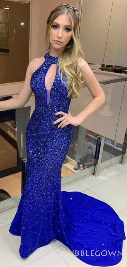 Mermaid Royal Blue Satin Beaded Long Evening Prom Dresses, Halter Custom Prom Dresses, MR8279