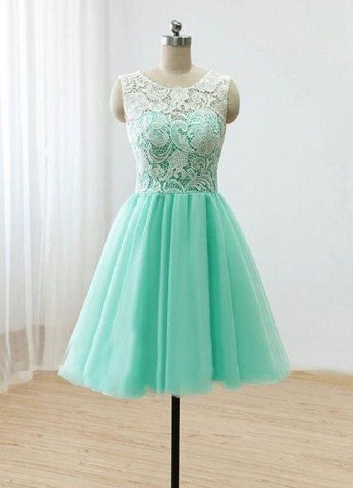 Mint Lace Top Tulle Junior Cheap Short Bridesmaid Dresses, BG51405