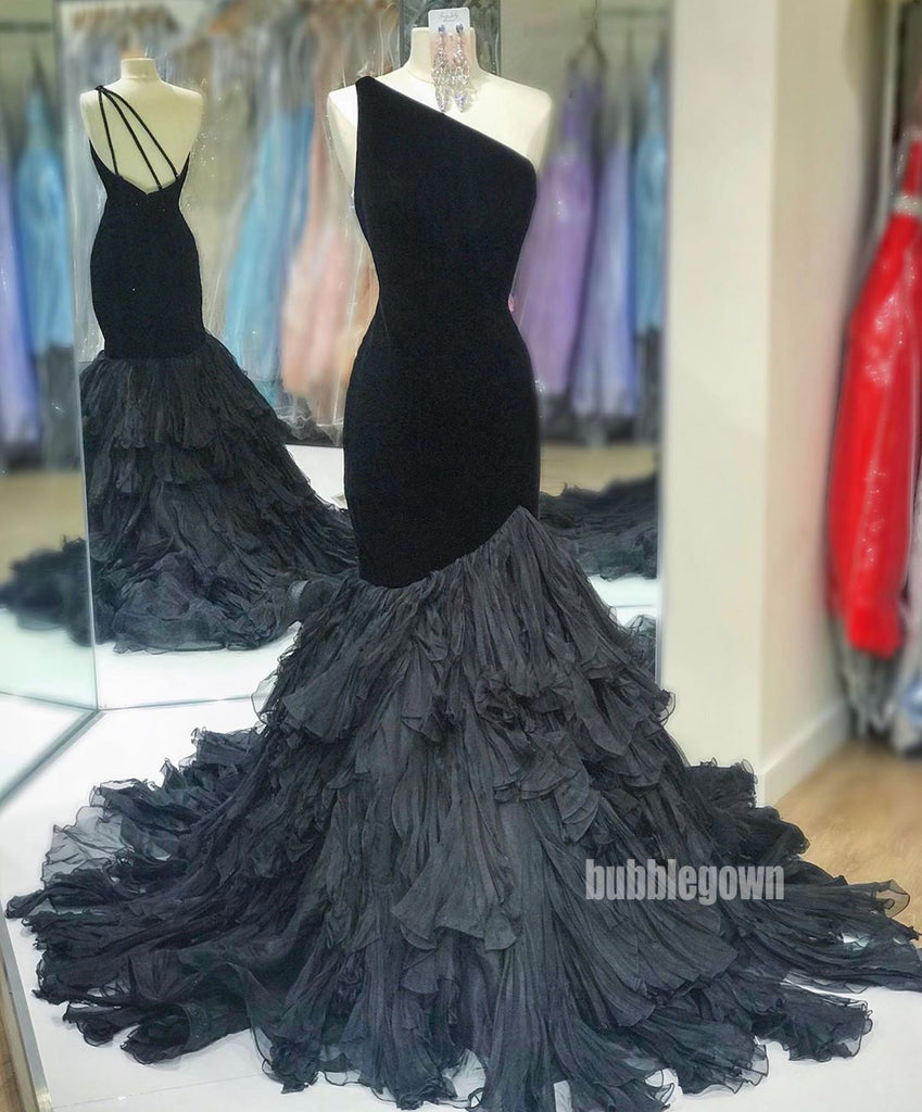 One Shoulder Mermaid Tulle Velvet Long Prom Dresses GDW111