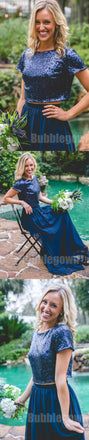 Charming Short Sleeves Two Pieces Sequin Top Long Wedding Bridesmaid Dresses, BD001 - Bubble Gown