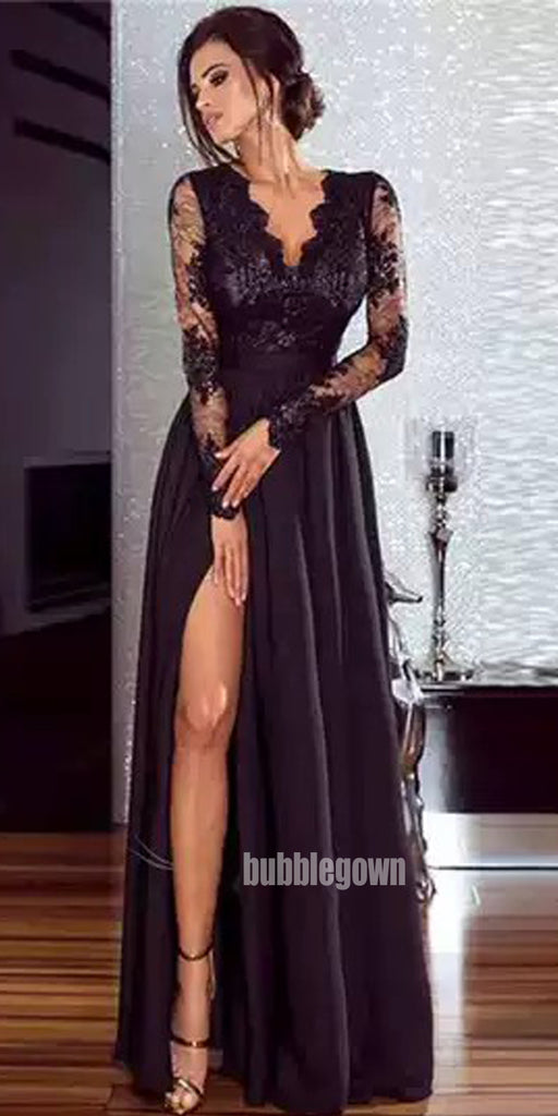 Sexy Lace Long Sleeve Split Side Long Prom Dresses FP1173