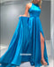 Elegant Blue Halter Side Split Stain Long Prom Dresses FP1211