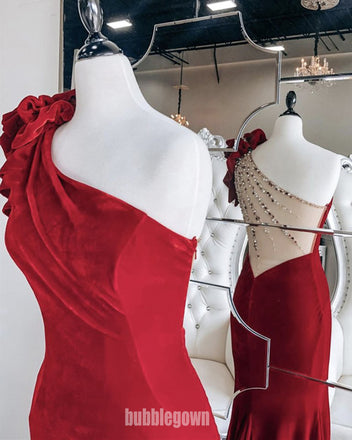 Sexy Red Velvet One-shoulder Mermaid Long Prom Dresses FP1232