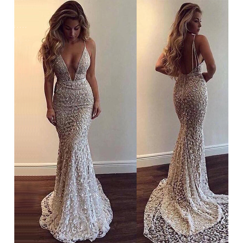 Popular V Neck Mermaid Open Back Long Evening Prom Dresses, WP018