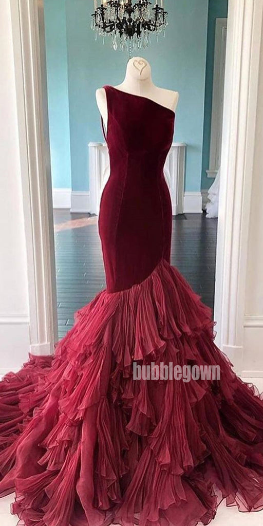 One Shoulder Mermaid Tulle Velvet Long Prom Dresses GDW111