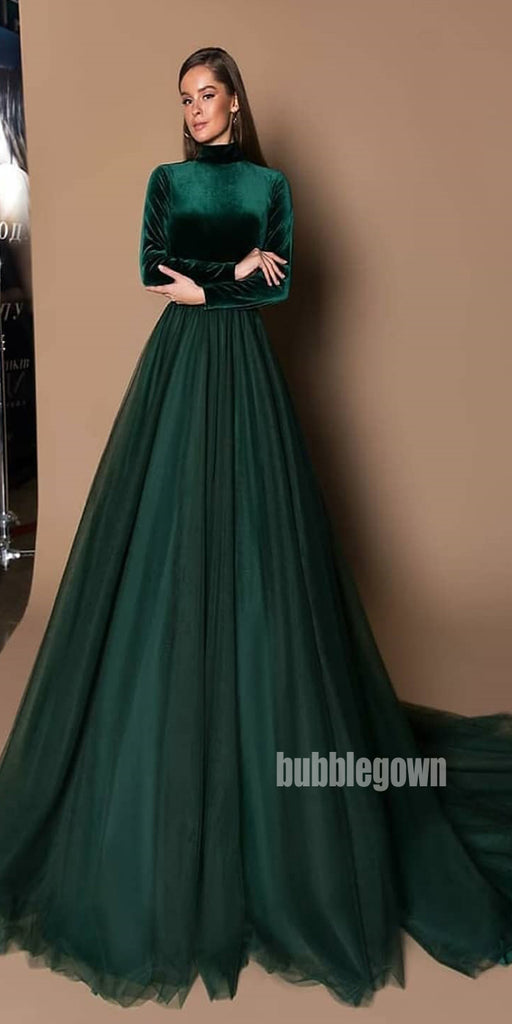 Teal Green Long Sleeves High Neck Long Prom Dresses FP1118