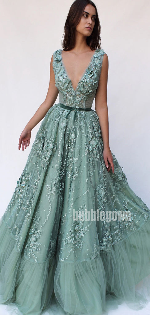 V-neck Applique Unique Tulle Long Prom Dresses FP1138