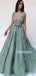 V-neck Applique Unique Tulle Long Prom Dresses FP1138