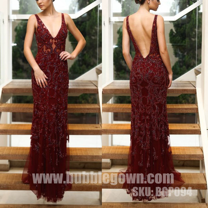 Burgundy V Neck Formal V Back Elegant Evening Long Prom Dress, BGP094 - Bubble Gown