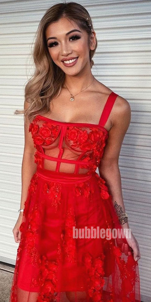 Red A-line See-through Tulle Long Prom Dresses FP1147