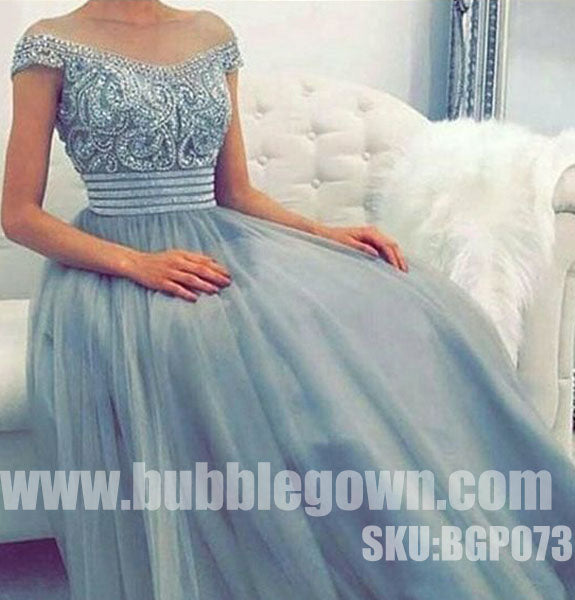 Off the Shoulder Beaded Top Tulle Elegant Evening Long Prom Dress, BGP073