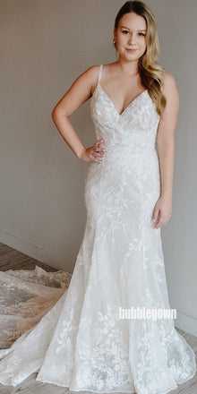 Charming Spaghetti Strap Applique Lace Wedding Dresses, BGH081